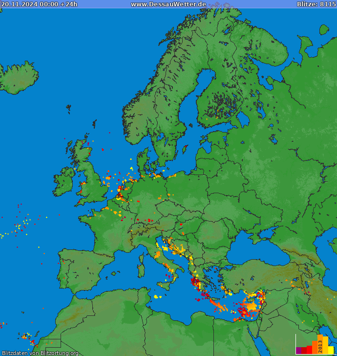 Mappa dei fulmini Europa 20.11.2024