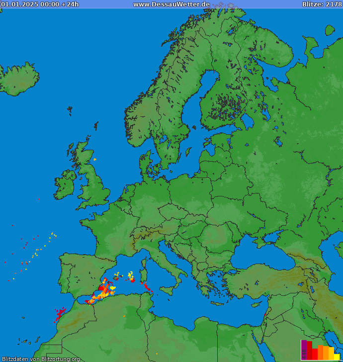 Mappa dei fulmini Europa 01.01.2025